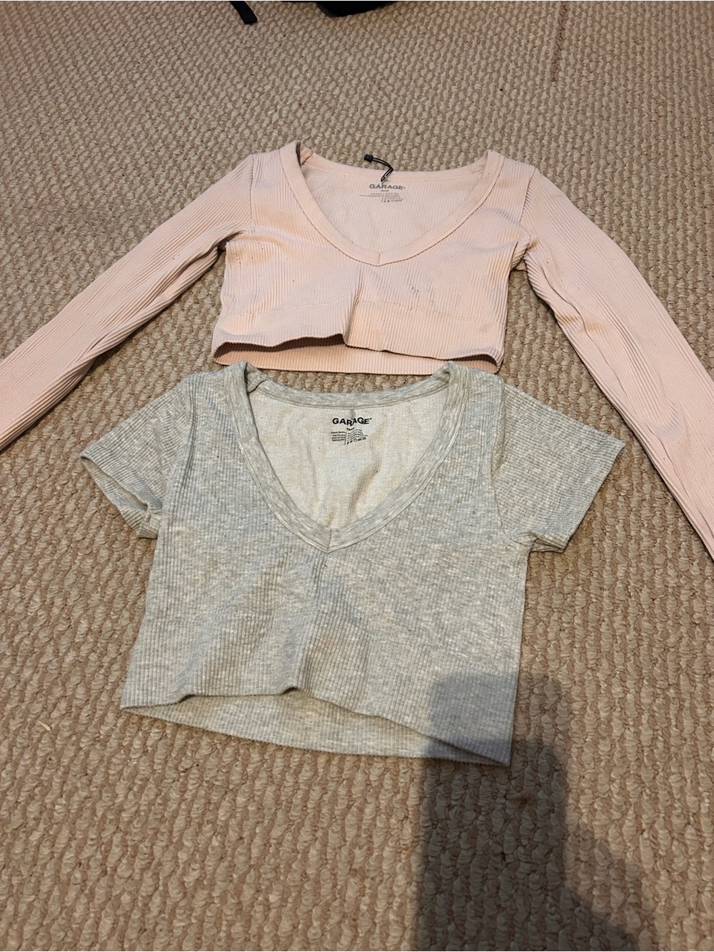 Garage Ribbed V-Neck Crop Tops - Blush Pink & Light Gray